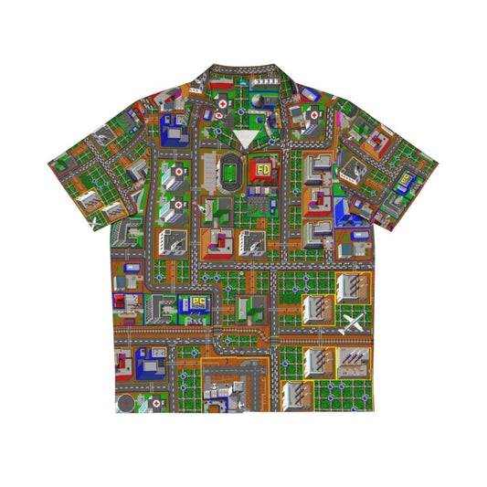 Retro gaming Sim City Hawaiian shirt with pixel art zoom design