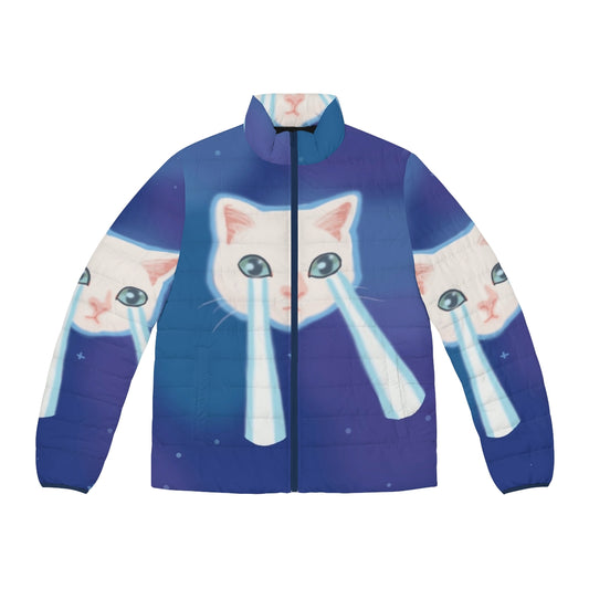 A puffer jacket featuring a meme of crying cats, perfect for cat lovers