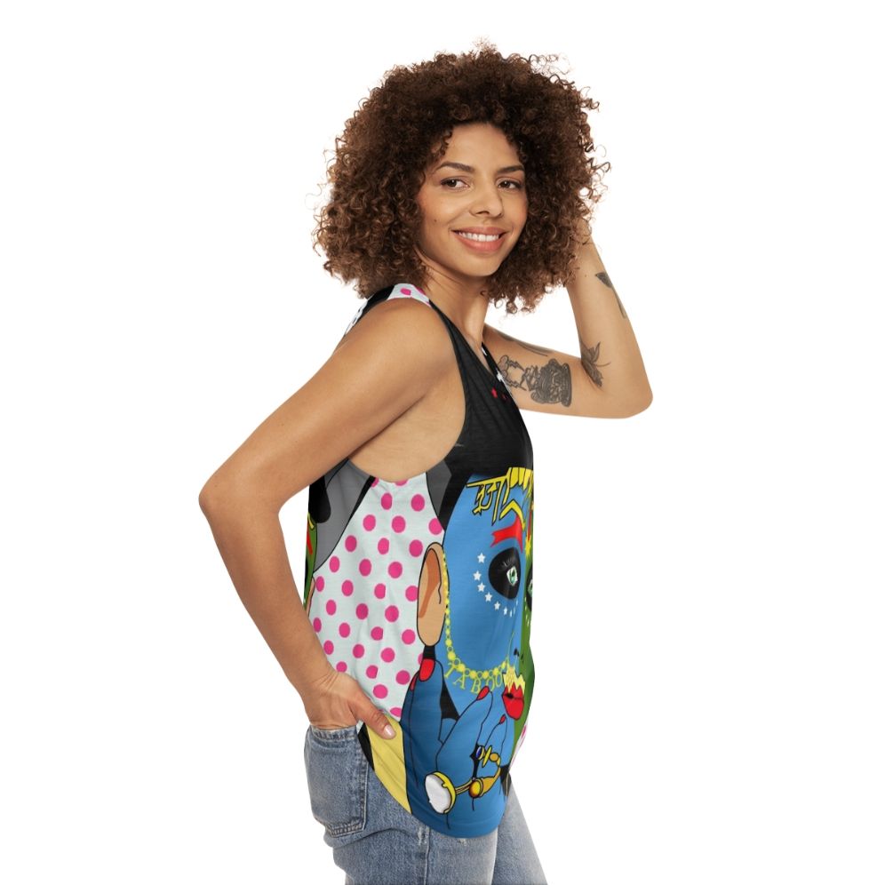 Leigh Bowery Inspired Unisex Tank Top with Vibrant Pop Art Graphic - women side