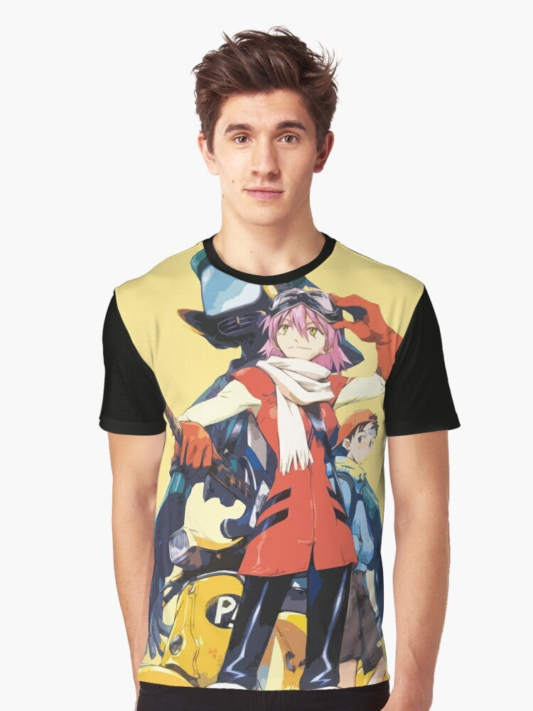 FLCL anime-inspired graphic t-shirt featuring the iconic FLCL logo and characters - Men