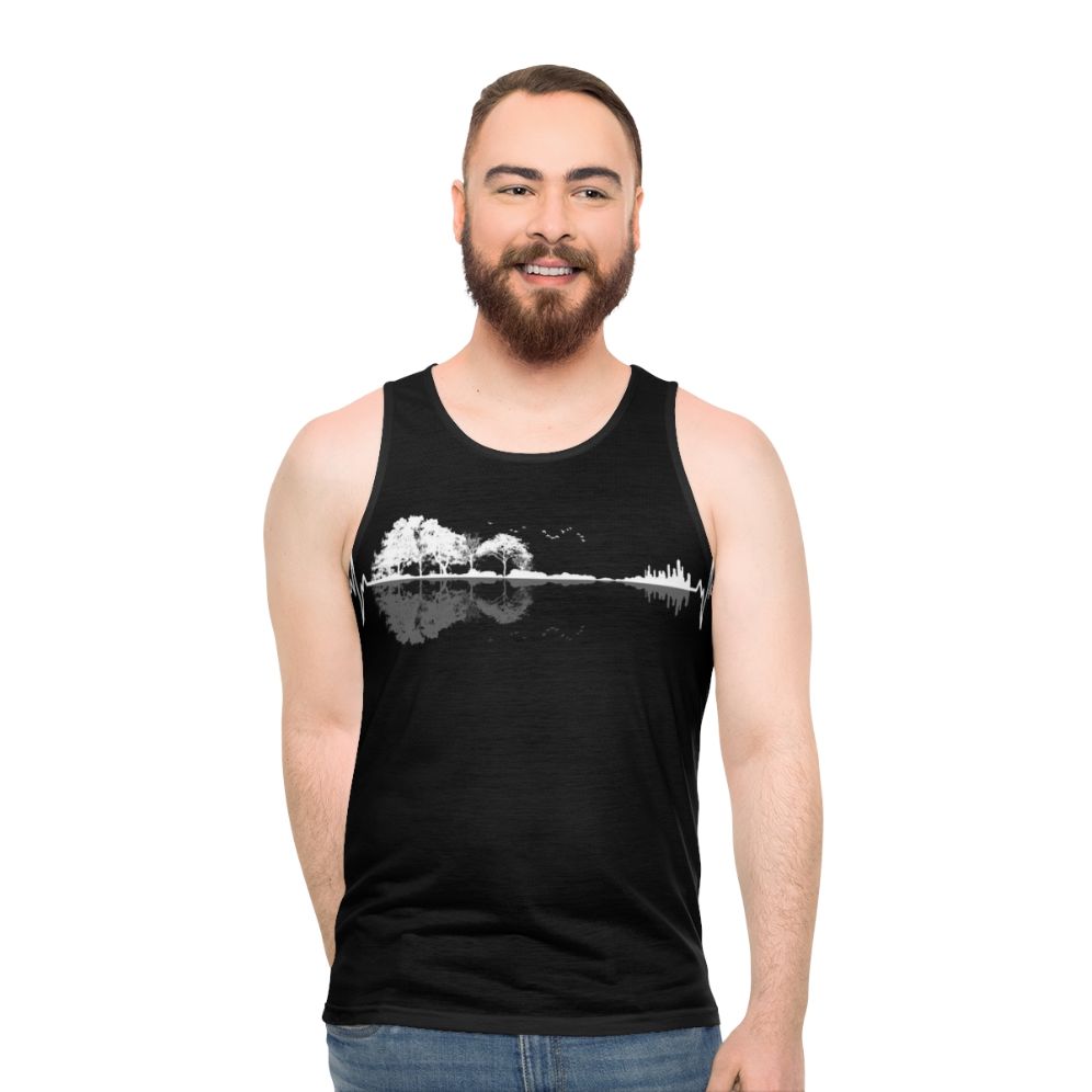 Unisex tank top with minimalist design featuring nature and music motifs - men