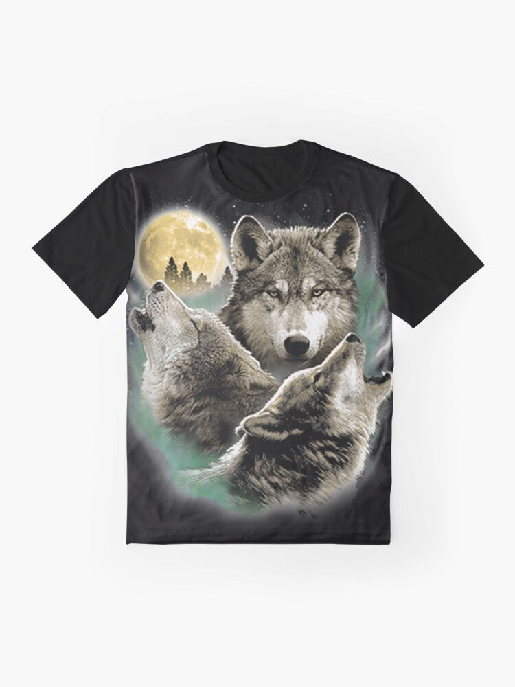 A graphic t-shirt design featuring three howling wolves against a full moon in the night sky. - Flat lay