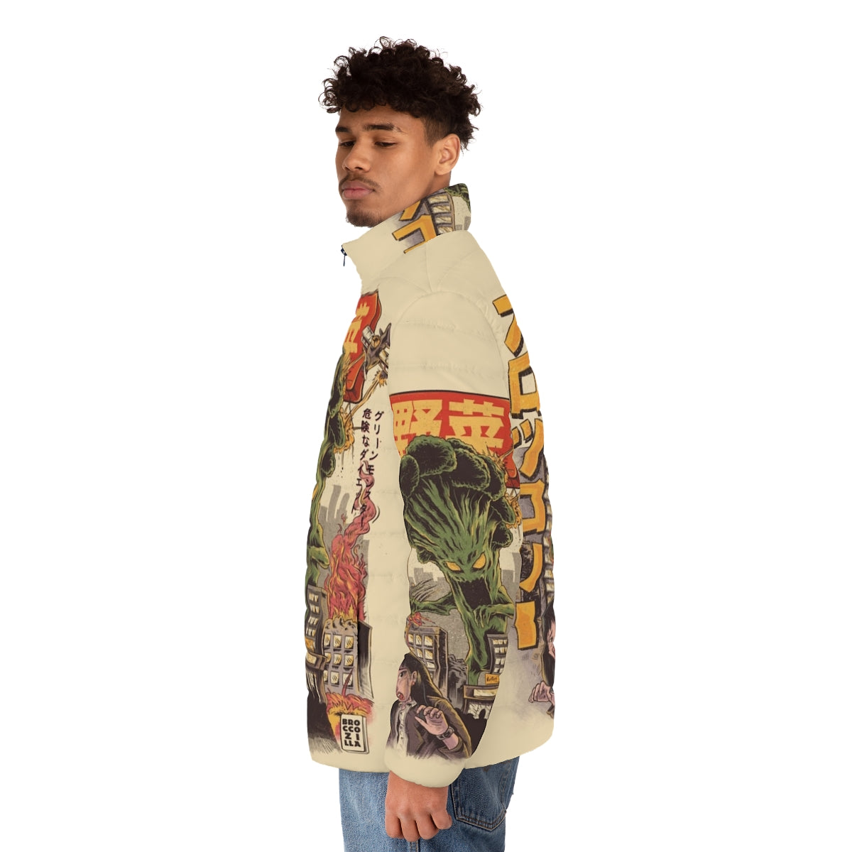 Broccozilla puffer jacket featuring a vegetable monster design - men side left