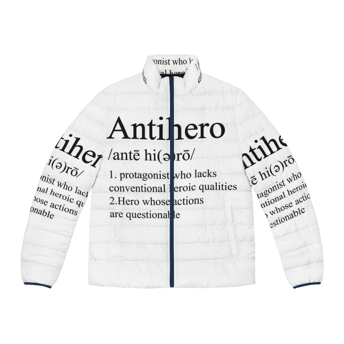 Antihero definition superhero puffer jacket with comic book inspired typography