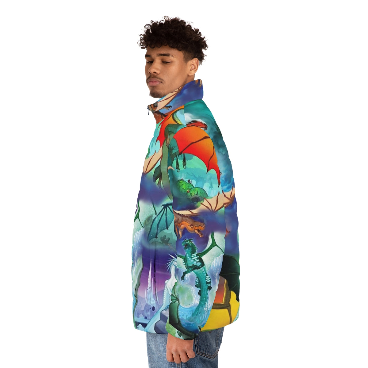 Dragon puffer jacket with colorful all dragon pattern background - men side left