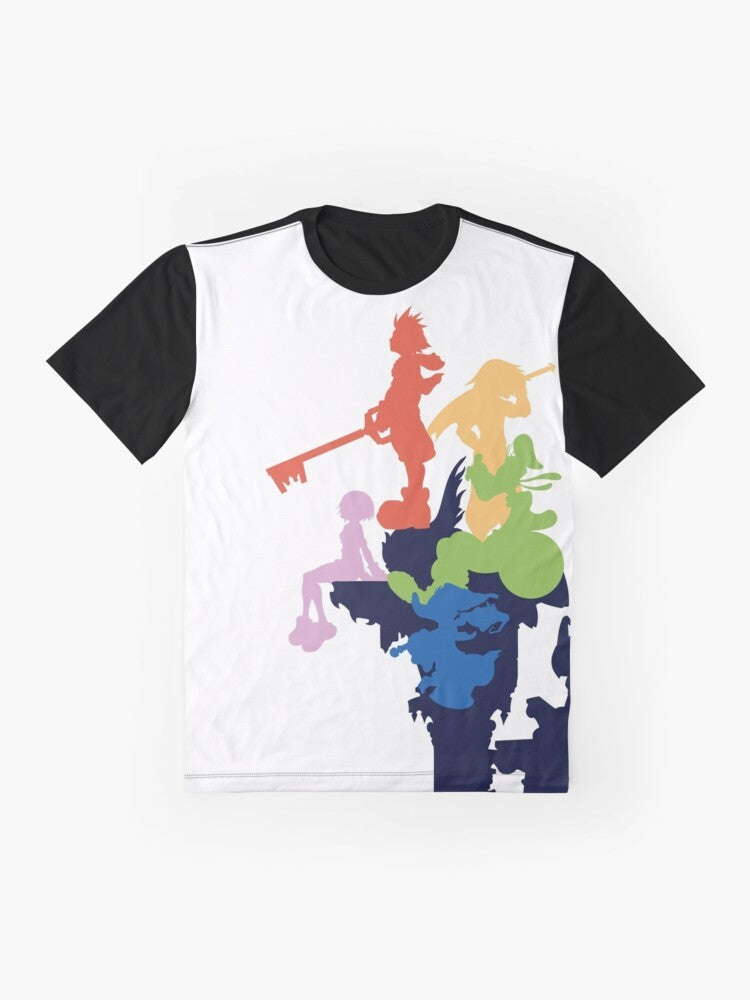 Kingdom Hearts Disney Graphic T-Shirt with Stylized Cover Art Featuring Sora, Riku, Kairi, Donald, and Goofy - Flat lay