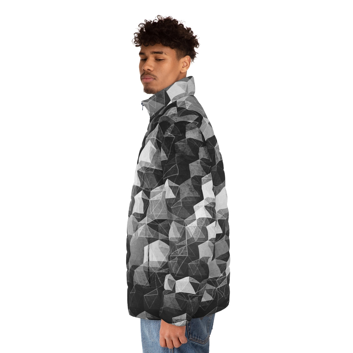 Monochrome geometric puffer jacket with an abstract pattern - men side left