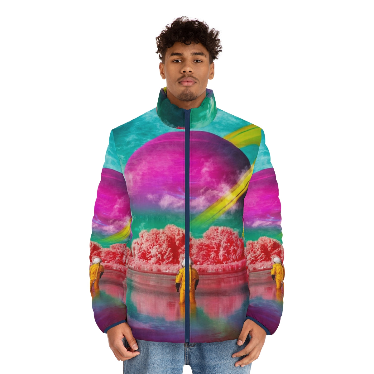 Surreal puffer jacket with digital art collage featuring an astronaut and a river - men front