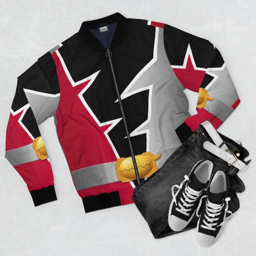 Ryusoulger Red Bomber Jacket - Superhero Inspired Outerwear with Dinosaur and Tokusatsu Motifs - Flat lay