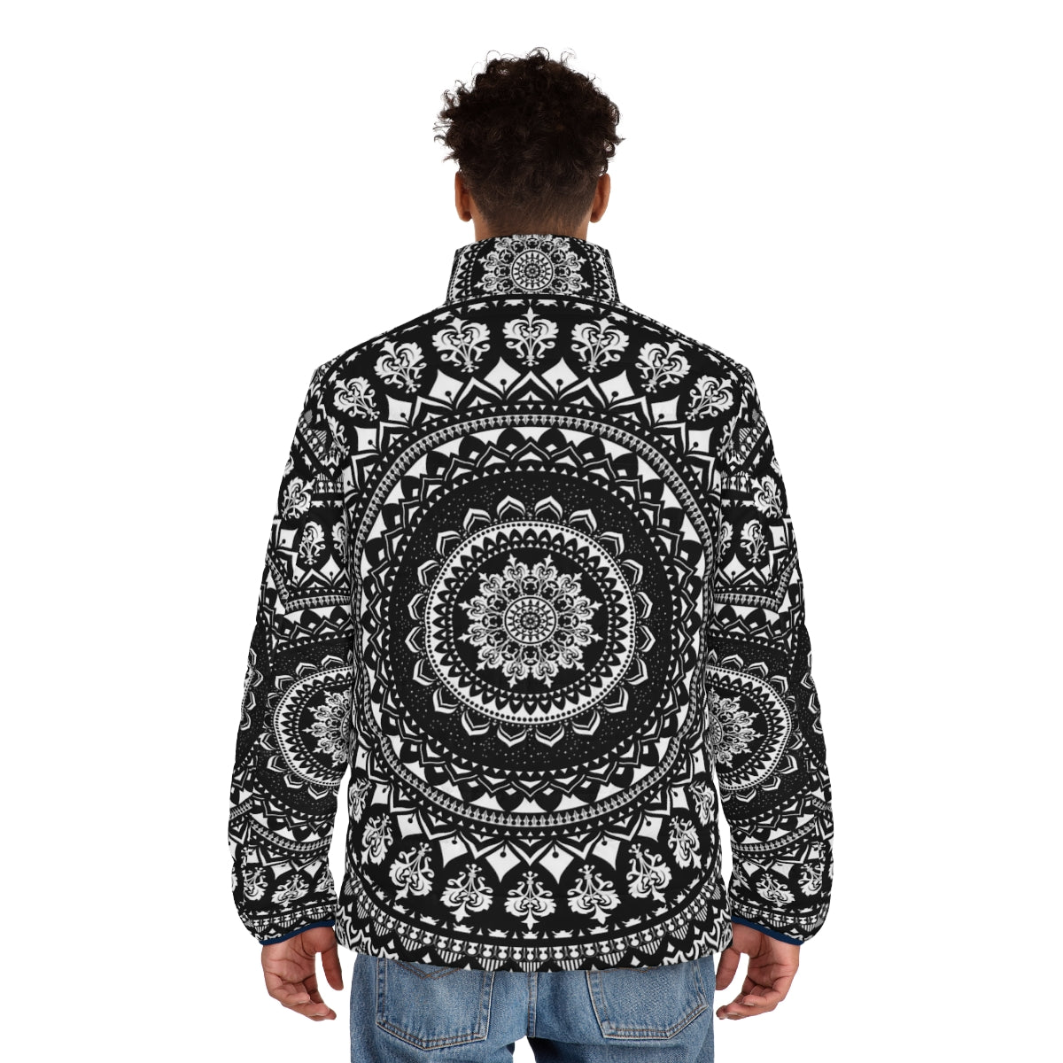 Mandala Monochrome Puffer Jacket with Celestial and Cosmic Design - men back