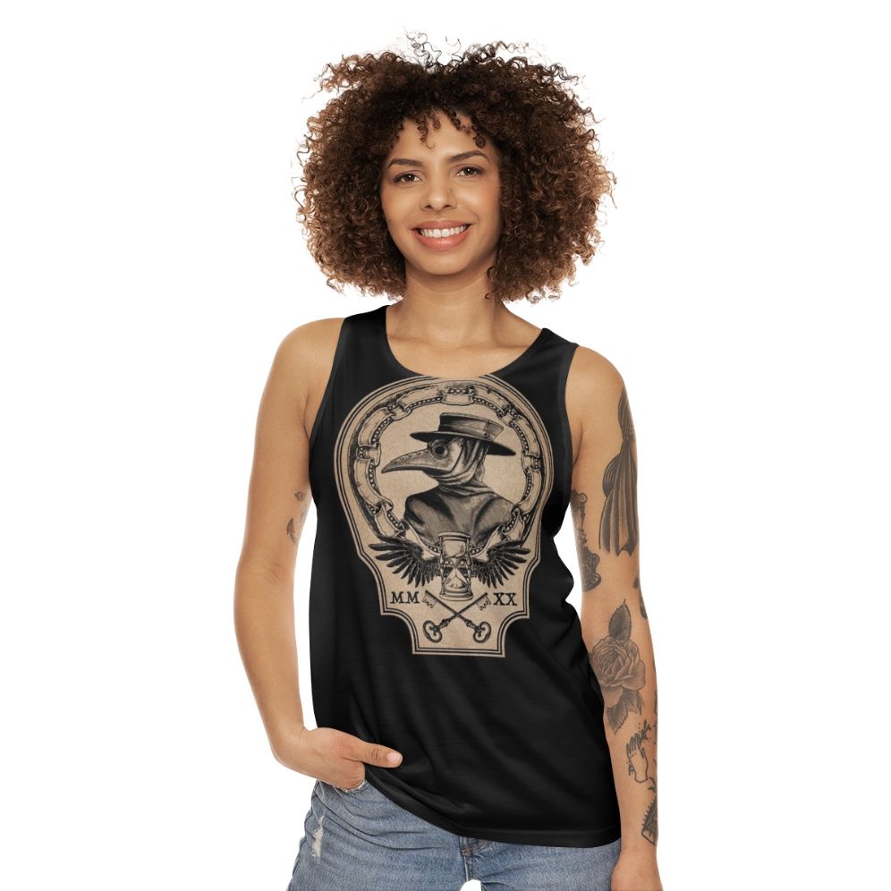 Vintage plague doctor unisex tank top with raven, hourglass, and roman numerals design - women