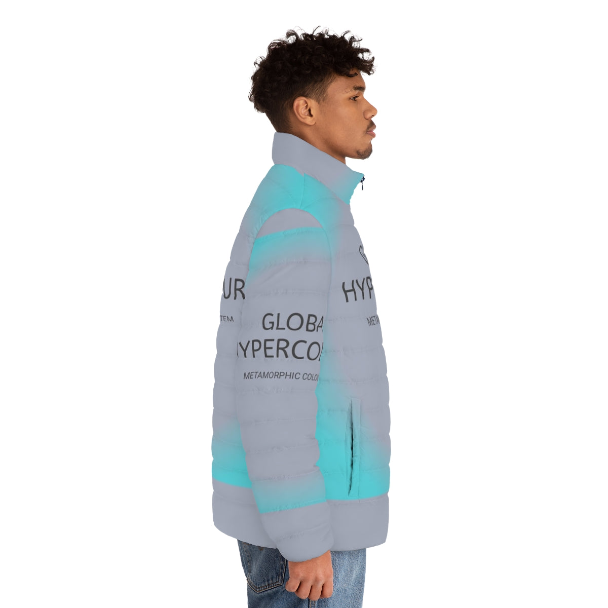 Colorful hypercolor puffer jacket with global design - men side right