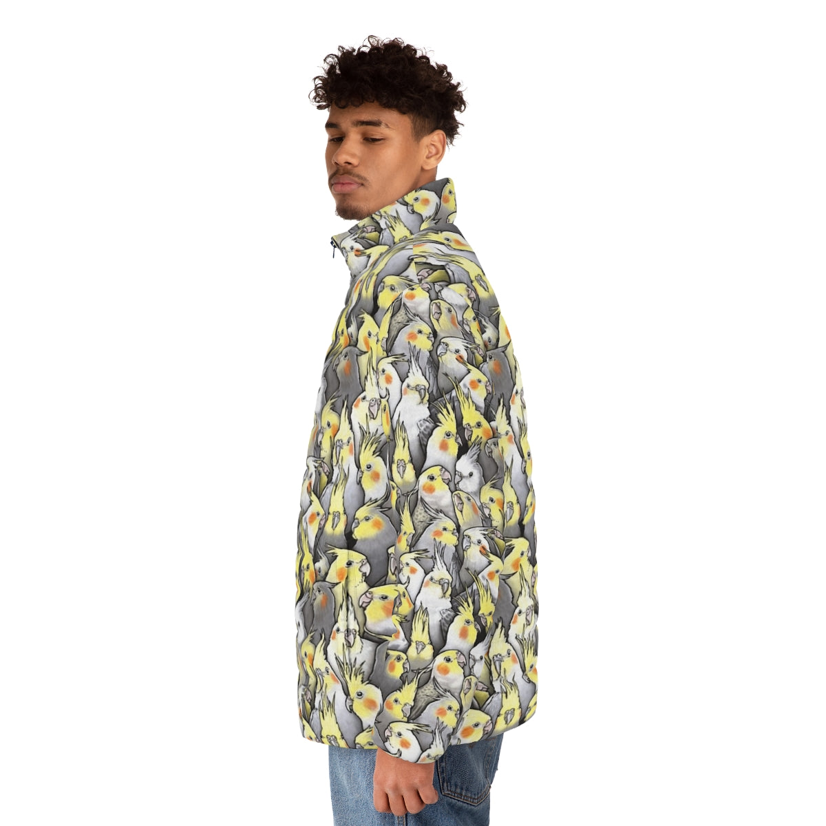 Cockatiel puffer jacket with a cute bird pattern design - men side left