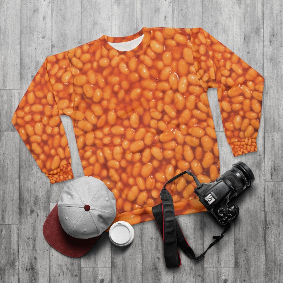 Baked beans sweatshirt with a humorous and ironic design - flat lay