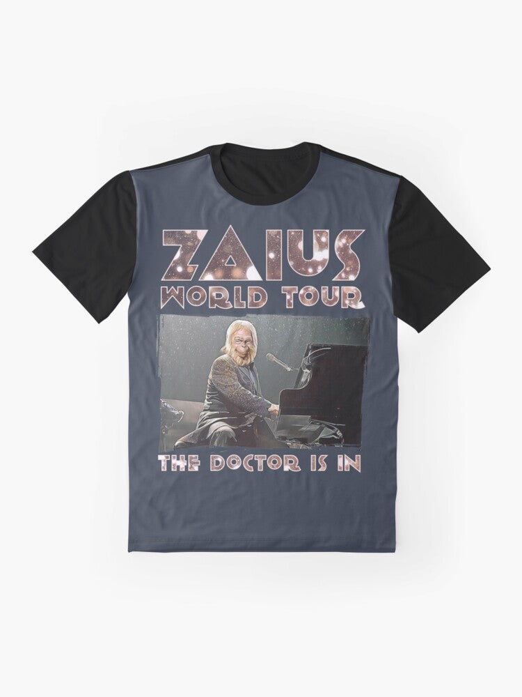 Graphic t-shirt featuring Dr. Zaius from Planet of the Apes on a world tour parody design - Flat lay