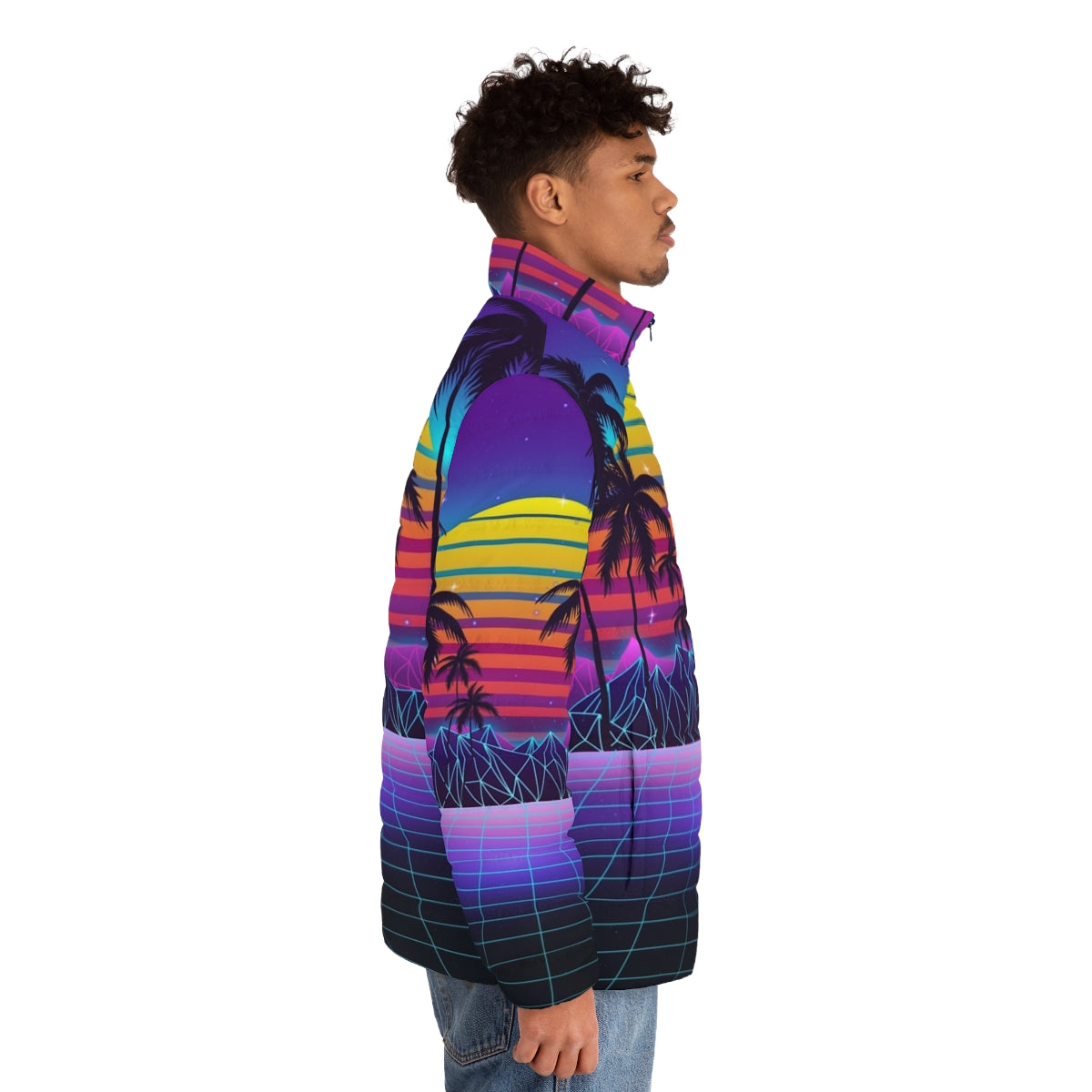 Radiant sunset synthwave puffer jacket with futuristic aesthetic - men side right