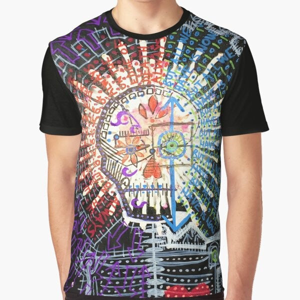 Surreal abstract art graphic t-shirt with the words "Always On The Edge Of Death, But All We Have Is Now"