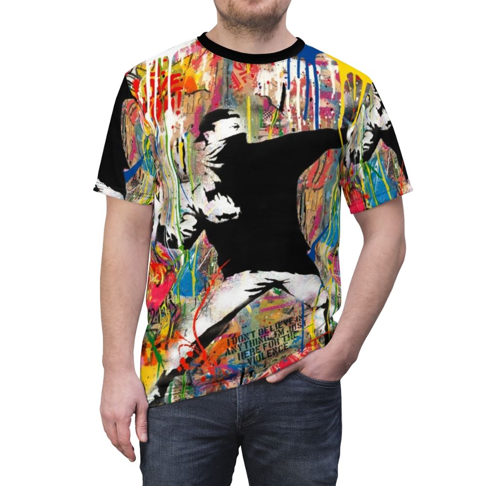 Colorful Banksy-inspired pop art design on a t-shirt - men front