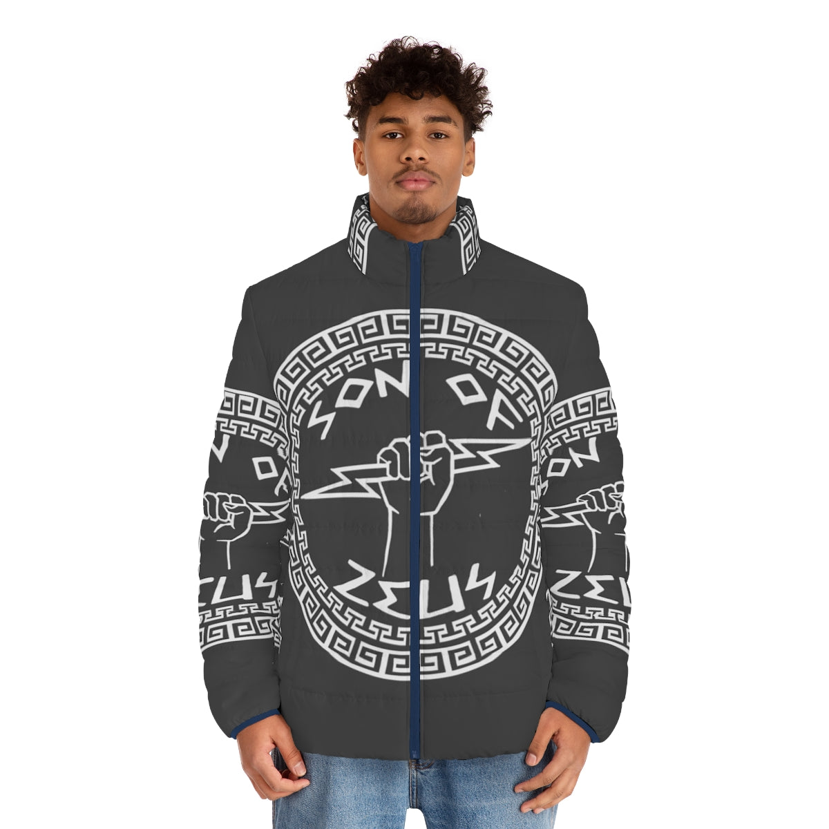 Son of Zeus Puffer Jacket featuring Greek mythology inspired design - men front