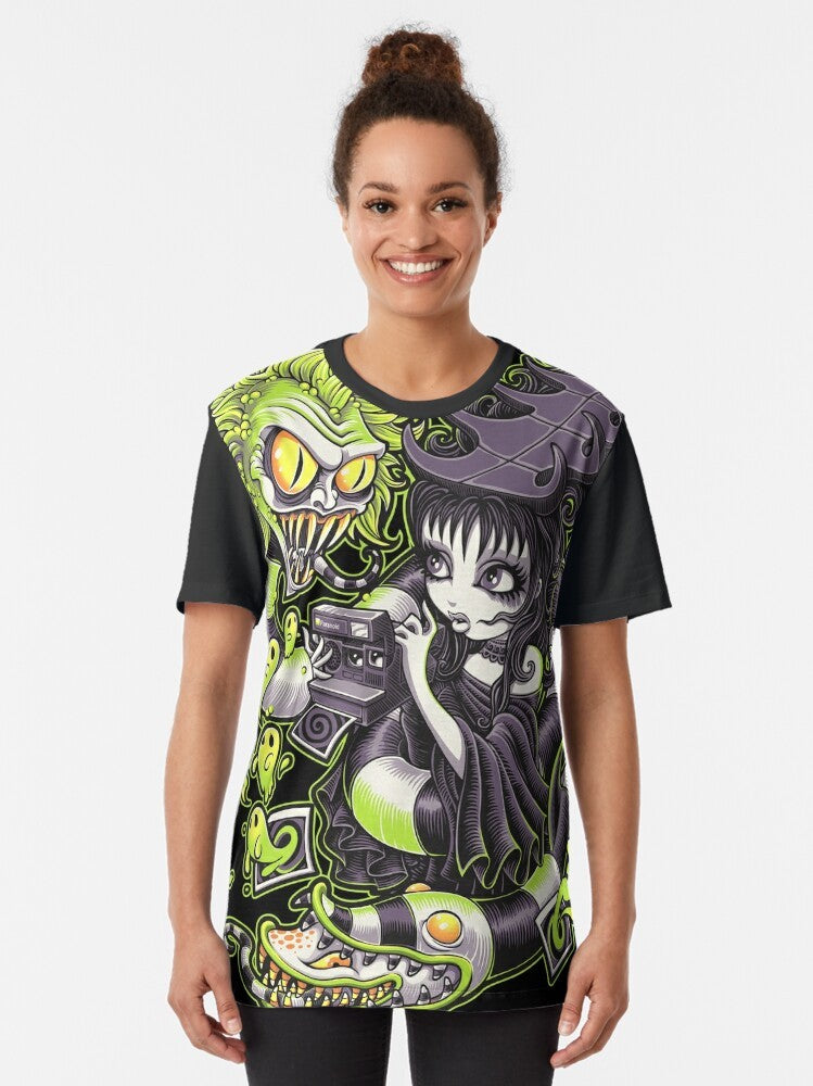 Beetlejuice-inspired graphic t-shirt with gothic horror elements including snake, zombie, and tattoo designs - Women