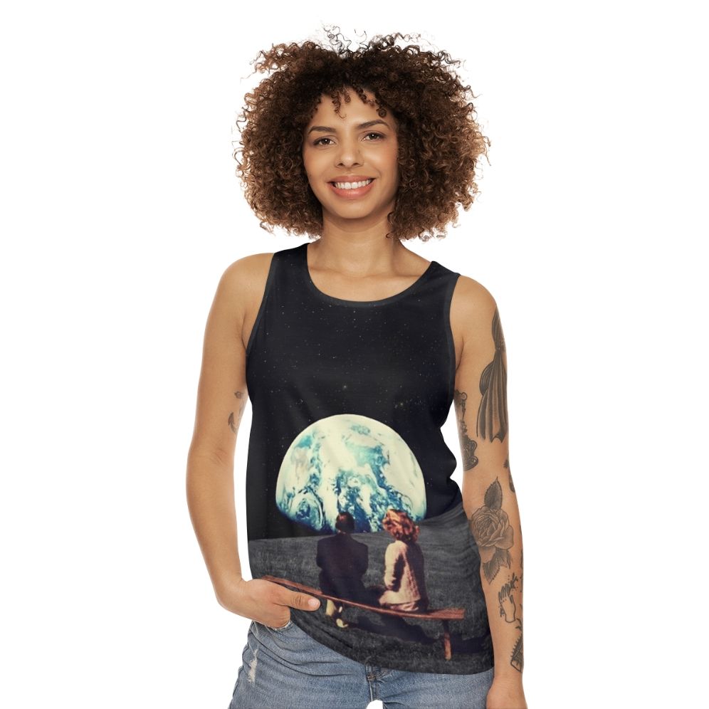 Unisex retrofuture tank top featuring a digital collage of a surreal landscape - women