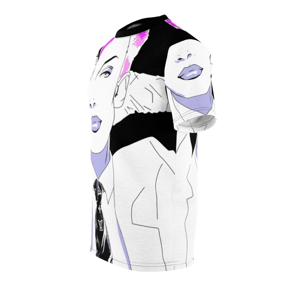 Vibrant purple AOP t-shirt with a retro pop art design featuring Annie Lennox, the iconic British singer and co-founder of the 80s band Eurythmics. - men left