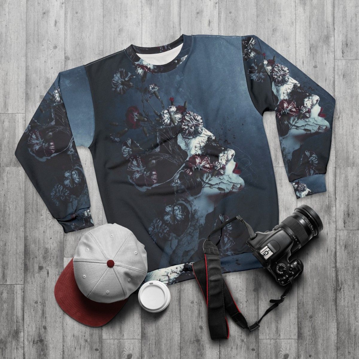 Floral grunge sweatshirt for women with dark and surreal design - flat lay