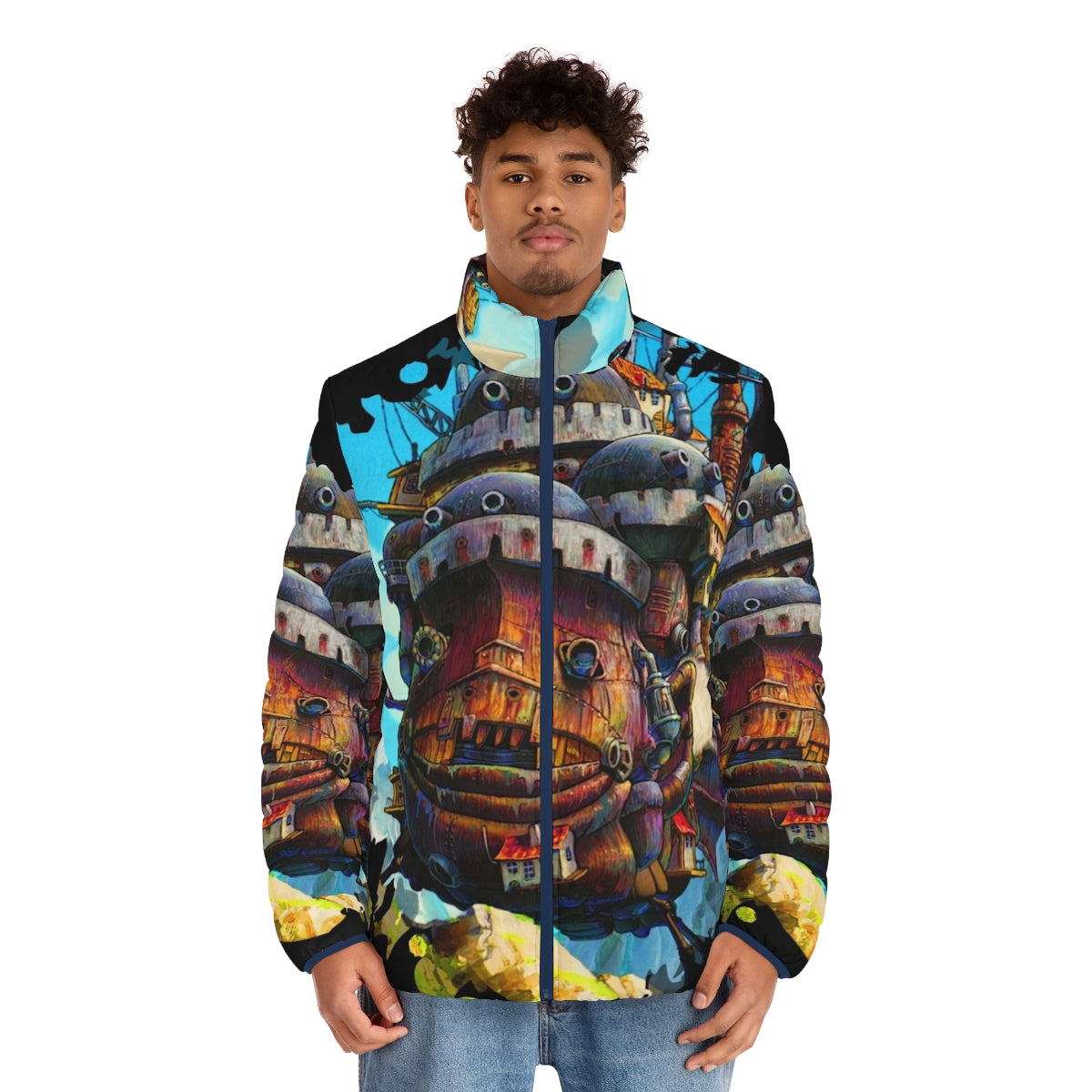 Howls Painting Puffer Jacket featuring 8-bit inspired Studio Ghibli anime art - men front