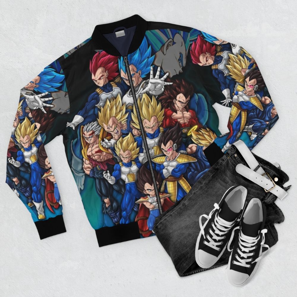 A bomber jacket featuring the iconic Vegeta character from the anime series Dragon Ball Z. - Flat lay