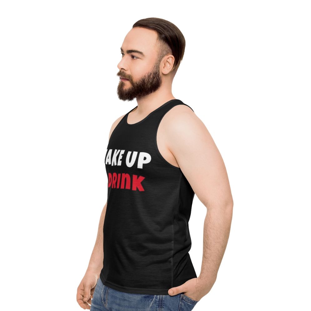 Unisex tank top with "Wake Up And Drink Activities Hobbies" design - men side