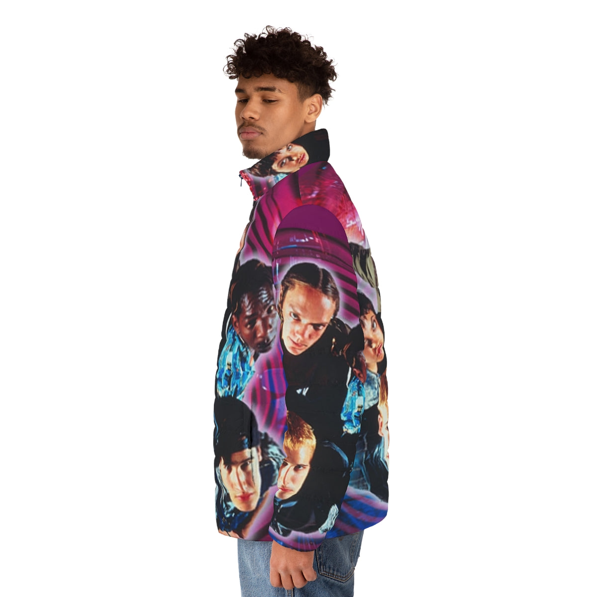 Hacker inspired puffer jacket, featuring a 90s cult classic movie design - men side left