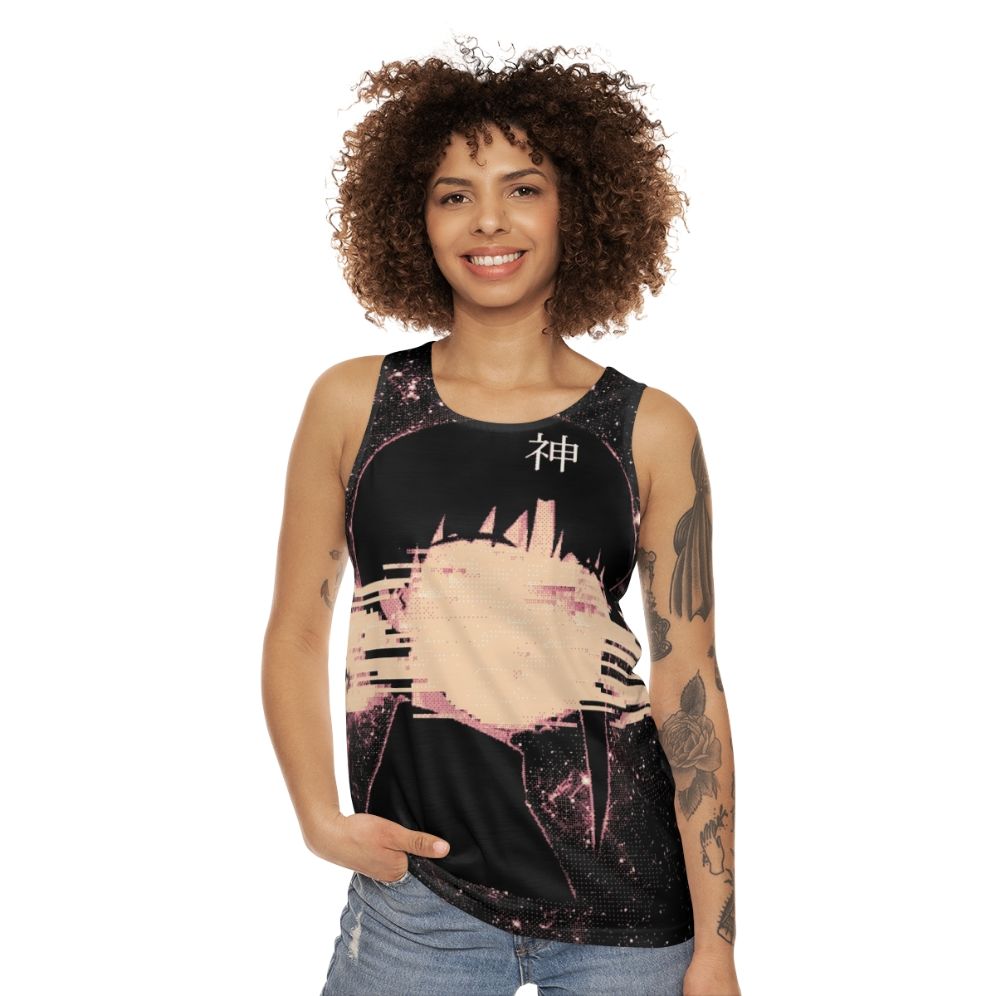 Cosmic unisex tank top with space, glitch and pixel art design - women