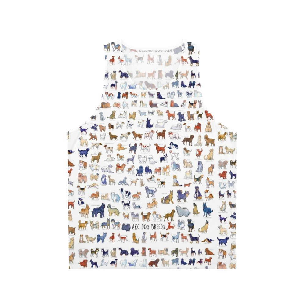 Unisex tank top featuring watercolor illustrations of every AKC dog breed