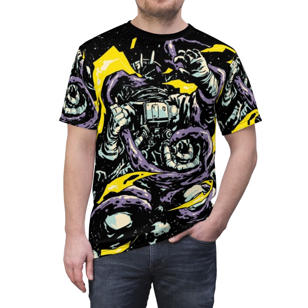 Visually striking t-shirt design featuring an astronaut in a battle with a monstrous space creature, in a cosmic setting. - men front