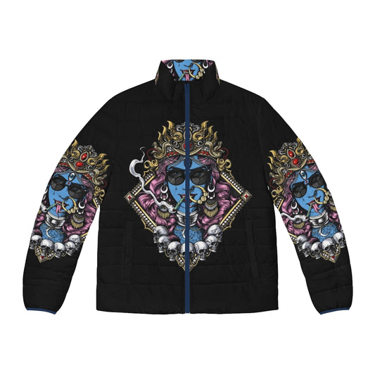 Kali Ma puffer jacket with snake and skull design