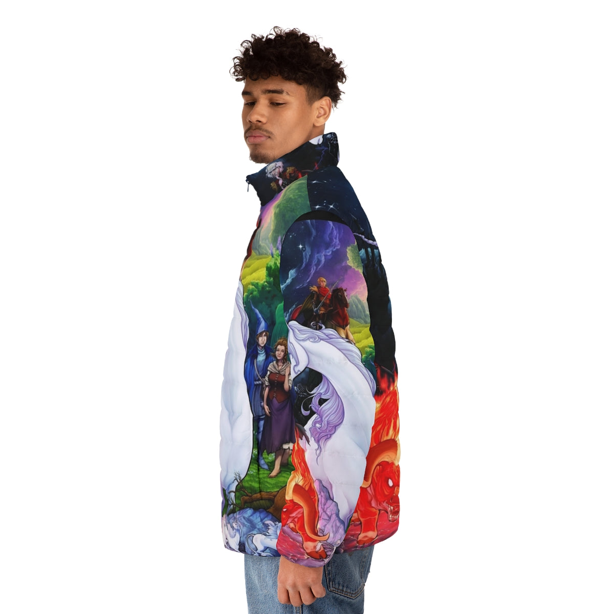 The Last Unicorn puffer jacket with fantasy and magical creature design - men side left