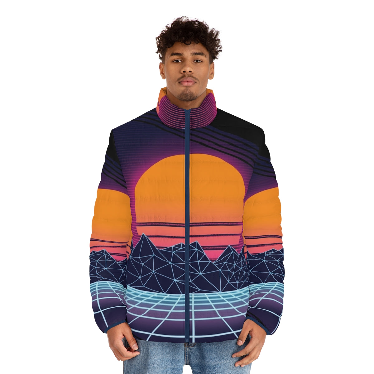 Outrun sunset puffer jacket with retro 80s cyberpunk aesthetic - men front