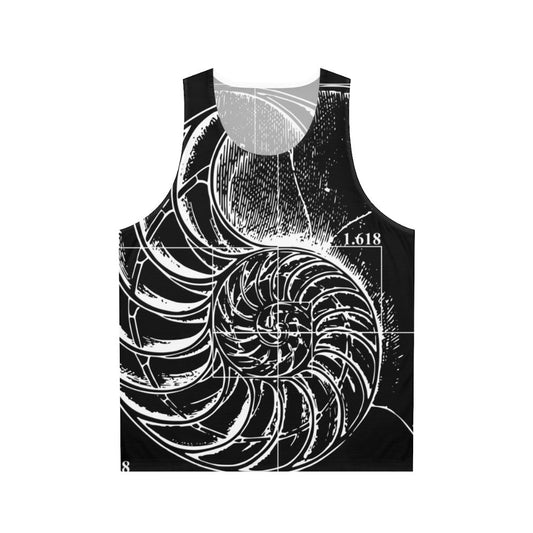 Fibonacci nautilus shell pattern on a unisex black and white tank top