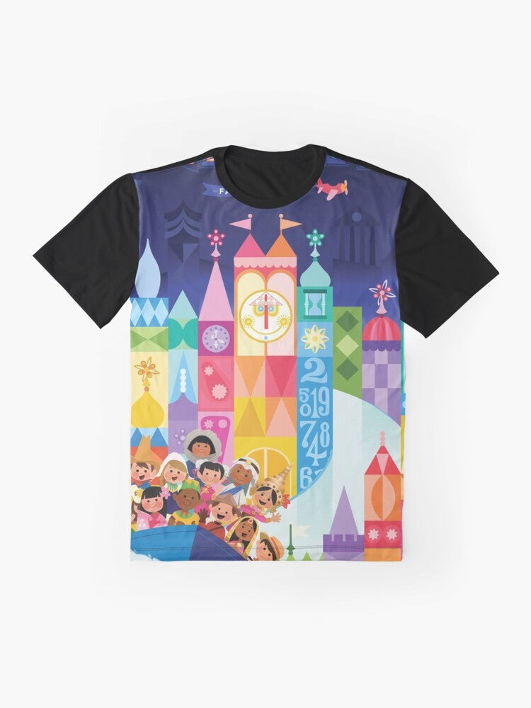 A vibrant and whimsical graphic t-shirt featuring a small world fantasyland with boats, cities, and a childish world filled with vector art, anime, and children's illustration. - Flat lay