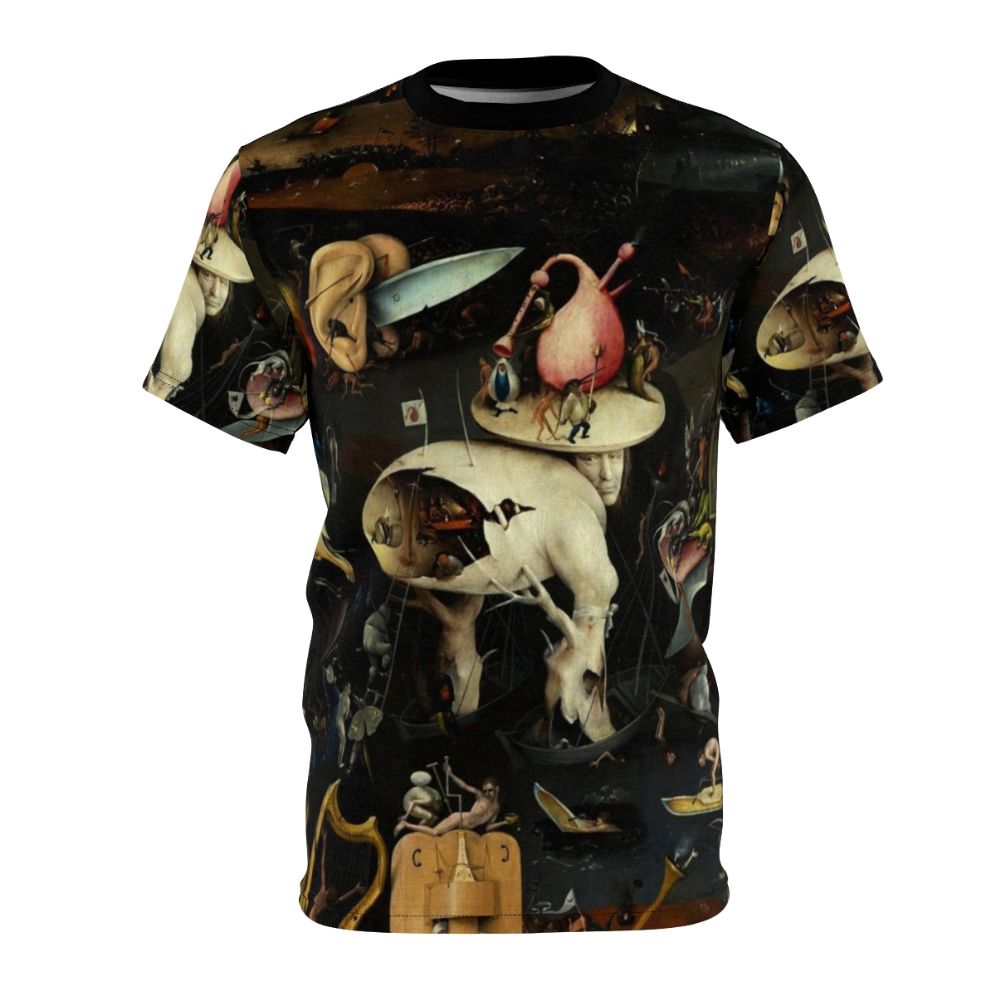 Surreal t-shirt design inspired by the fantastical and mysterious artwork of Hieronymus Bosch, featuring demonic figures, biblical themes, and a visually striking, surrealistic landscape.