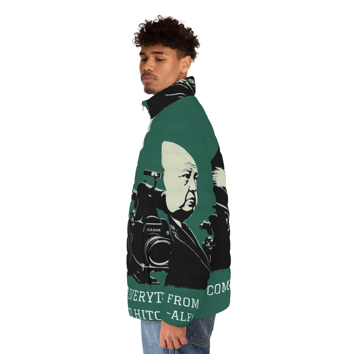 Alfred Hitchcock inspired puffer jacket with illustration - men side left