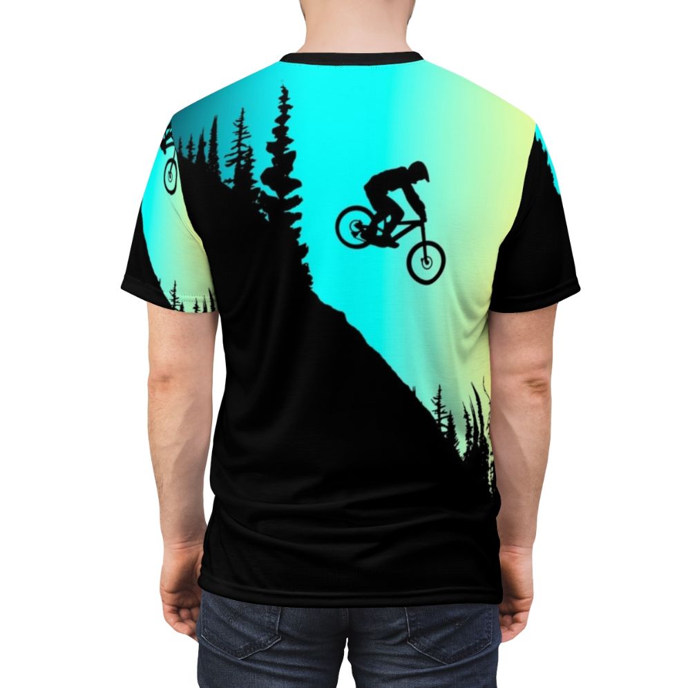 Colorful AOP t-shirt design featuring mountain biking silhouettes - men back