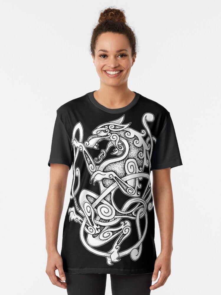 Varg Norse Viking Graphic T-Shirt with wolf, knotwork, and Norse symbols - Women