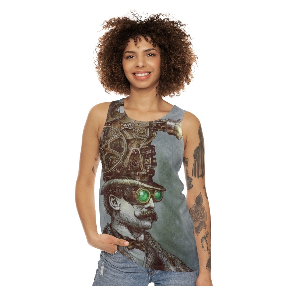 Steampunk unisex tank top with surreal mechanical design - women