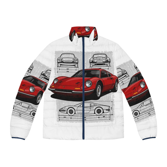 Illustration of a Ferrari Dino 206/246 GTB/GTS sports car printed on a puffer jacket