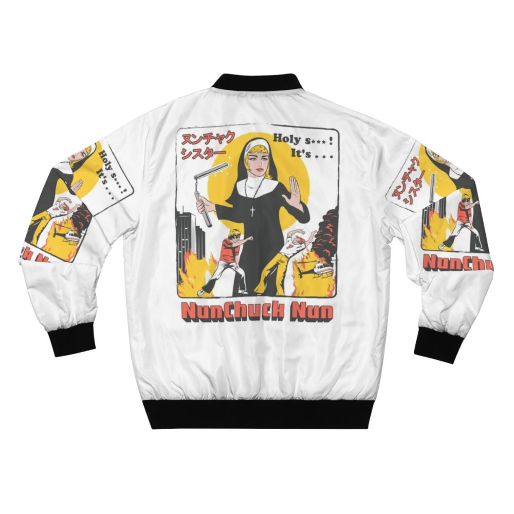 A colorful bomber jacket featuring a "Nunchuck Nun" design, a humorous pop culture parody. - Back