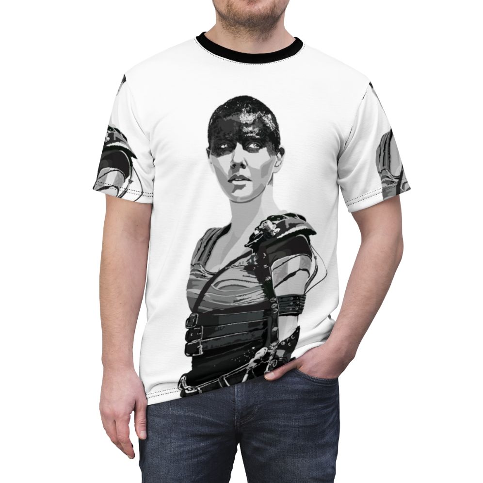 Mad Max Fury Road Furiosa inspired t-shirt featuring a post-apocalyptic design - men front