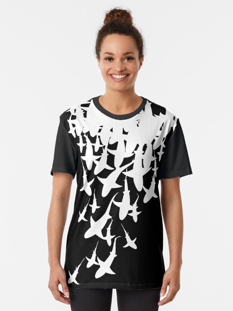 Sharks V2 Graphic T-Shirt featuring a stylized shark design in an ocean pattern - Women