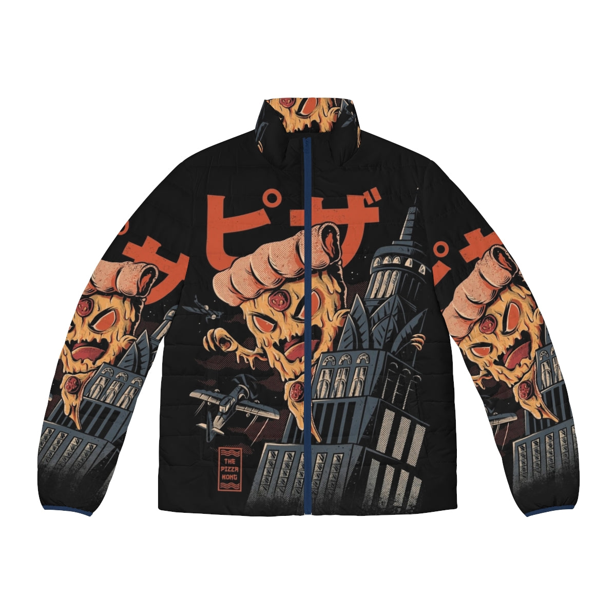 Retro Pizza Kong Puffer Jacket with Japanese Kaiju and Monster Inspired Design