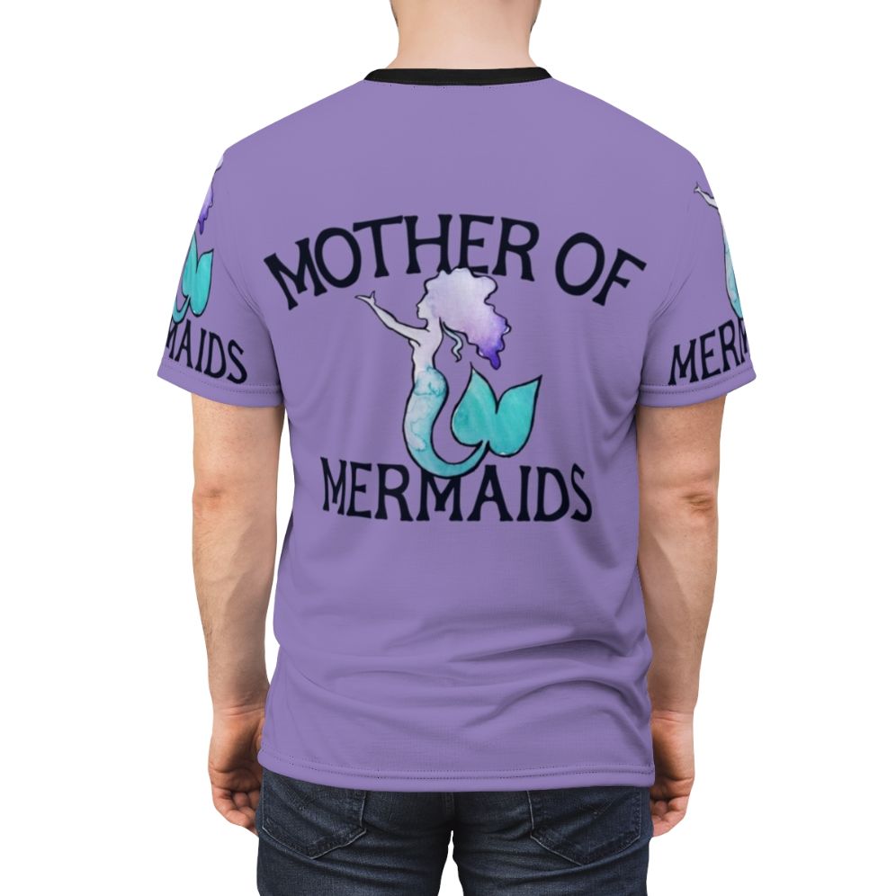 Illustration of a mythical mermaid mother on a graphic t-shirt - men back